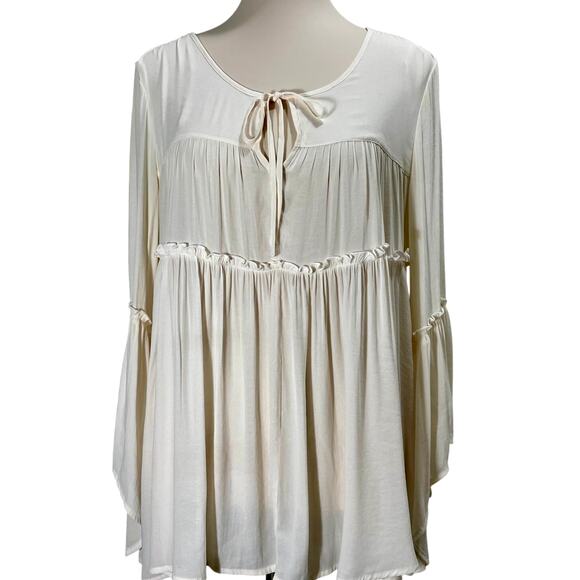 John Mark Tunic Top Womens Medium Cream Boho Tunic Keyhole Tie Neck Bell Sleeves - Picture 1 of 9